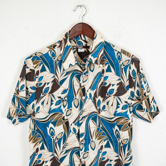 MR Turk Cropped Button up Shirt Abstract floral print blue brown M - Picture 5 of 7